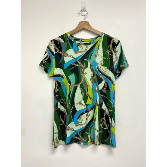 L’Agence Ressi Sea Green Equestrian Belt Swirl Colorful Print Luxury T-Shirt Med - Picture 2 of 11